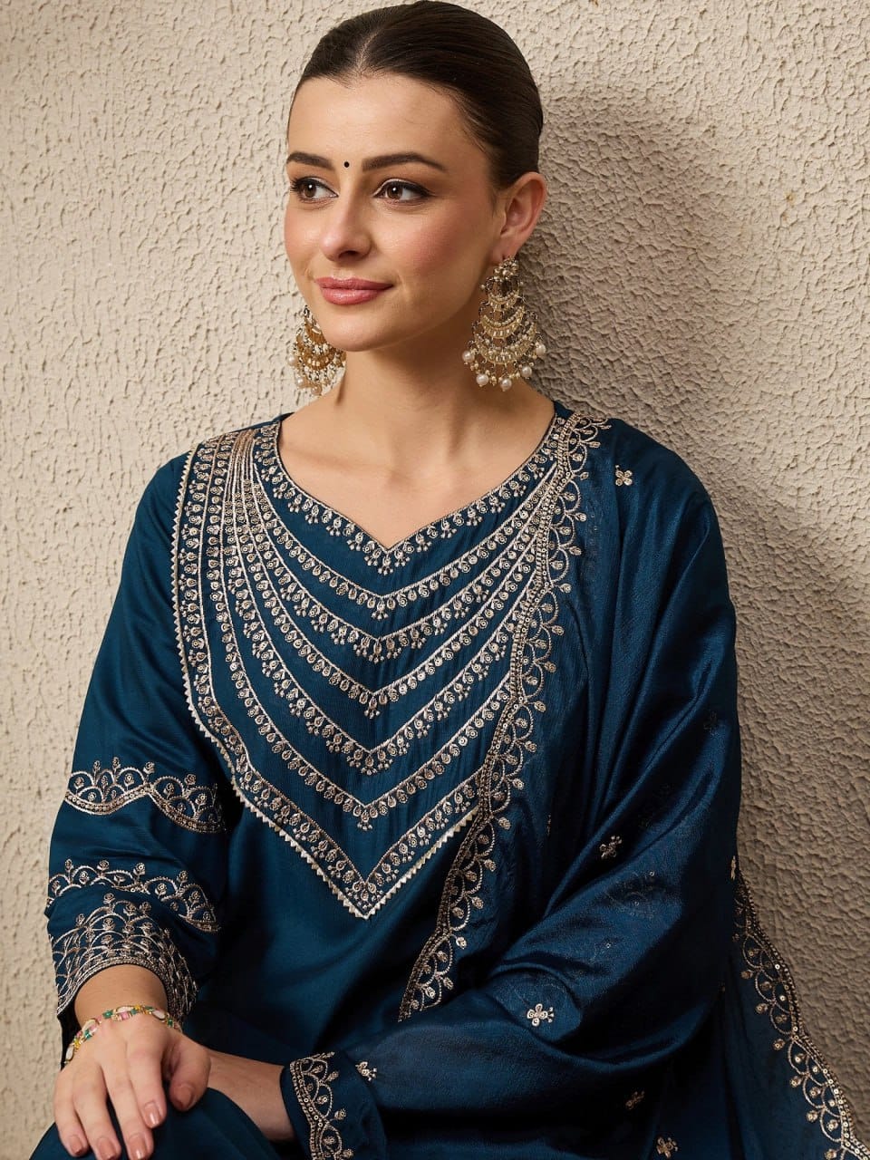 Embroidered Roman Silk 3-Piece Suit Set with Dupatta