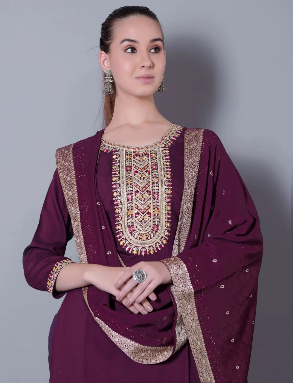 Embroidered Wine Maroon Silk Blend 3-Piece Kurta Pant Set with Jacquard Dupatta