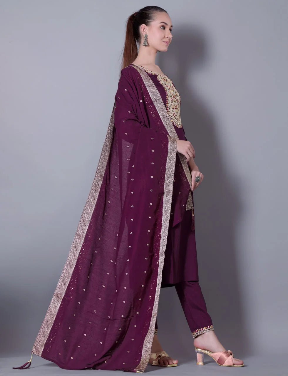Embroidered Wine Maroon Silk Blend 3-Piece Kurta Pant Set with Jacquard Dupatta